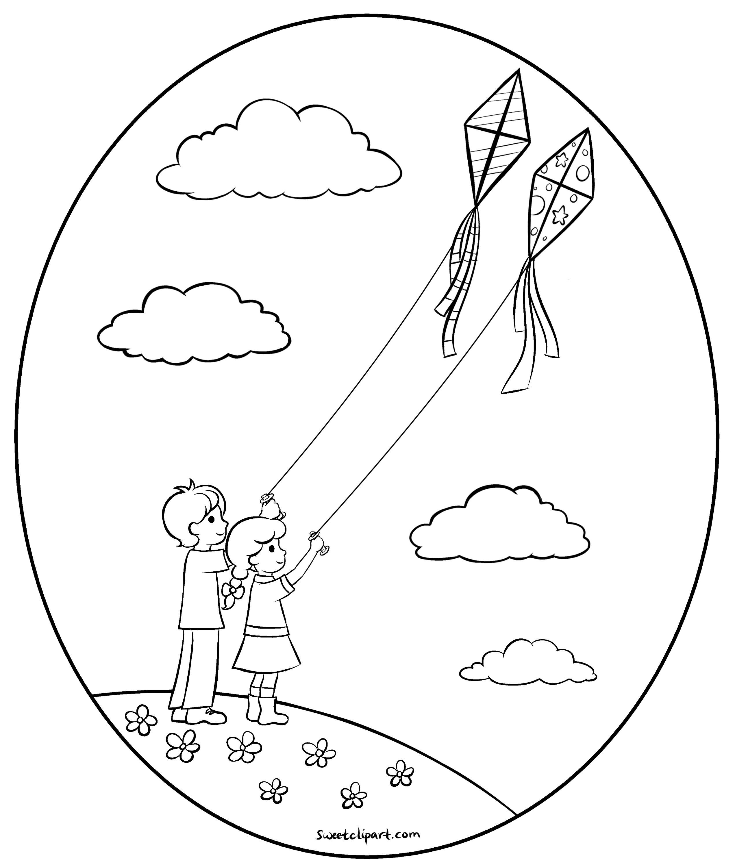Flying Kites Coloring Page Free Clip Art
