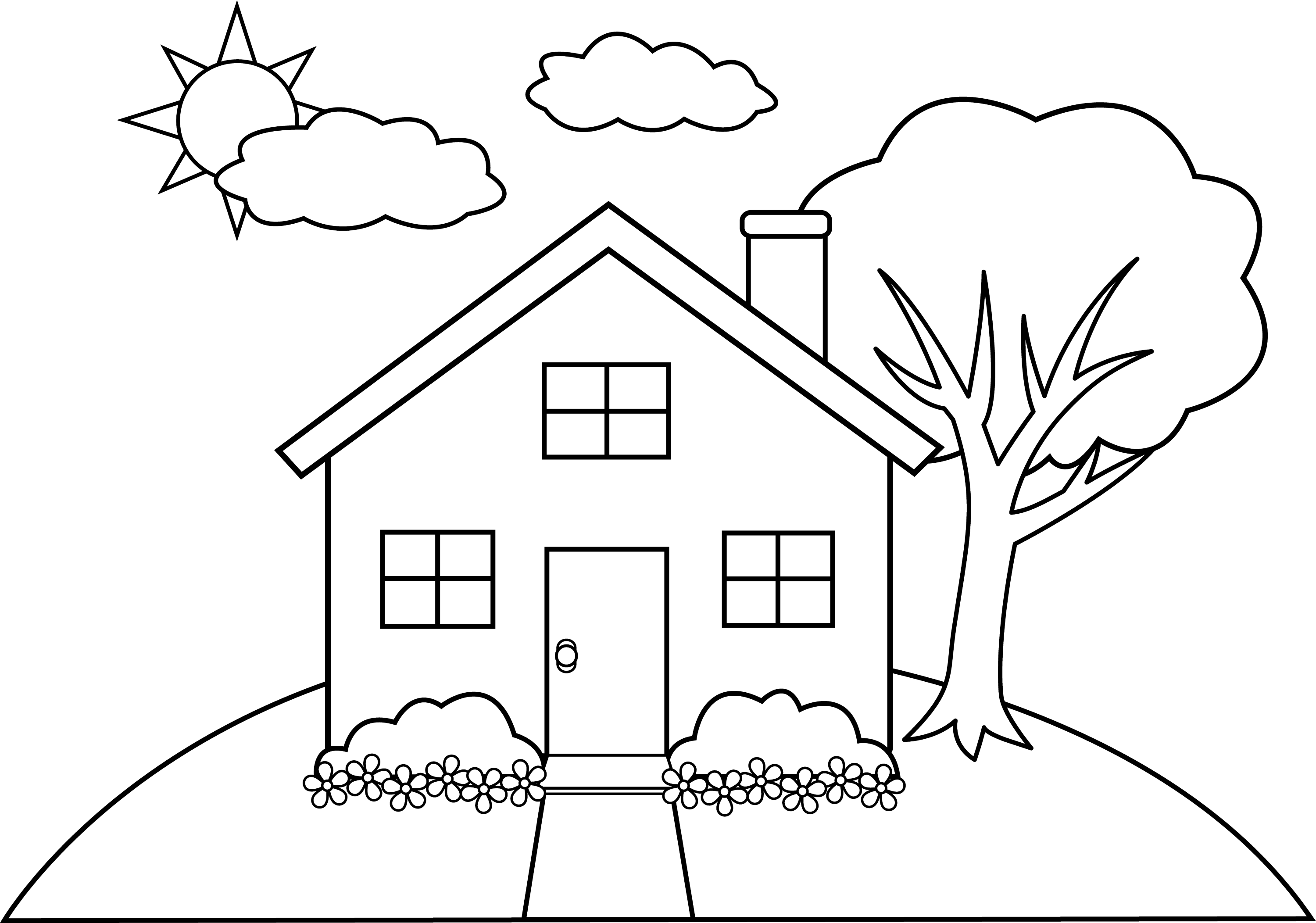 Line Art of a Little Hill House - Free Clip Art