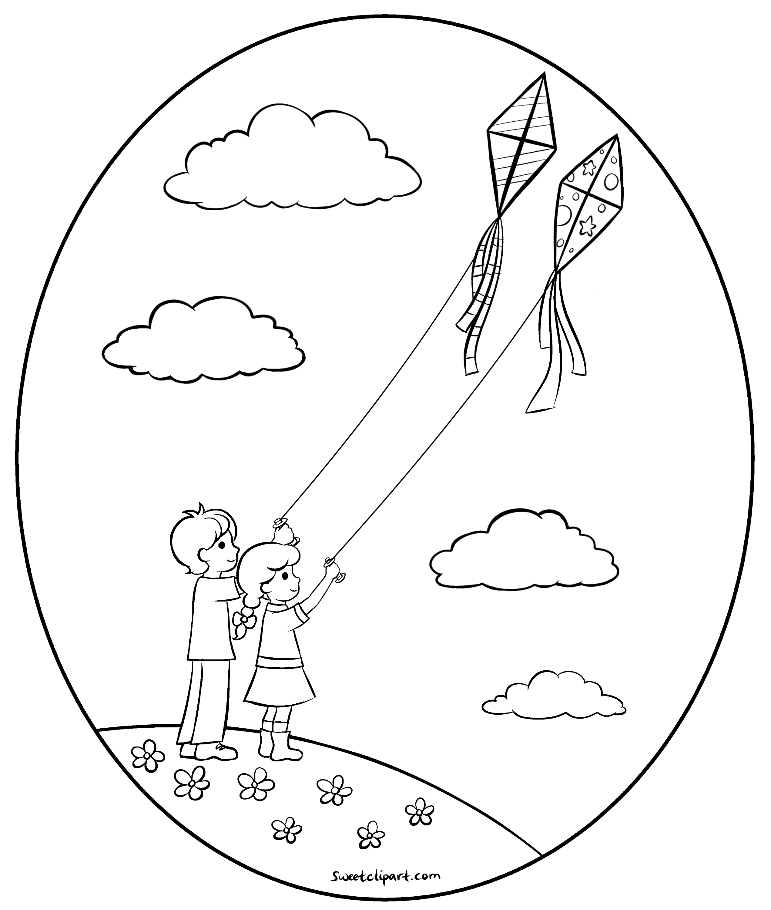 Flying Kites Coloring Page - Free Clip Art