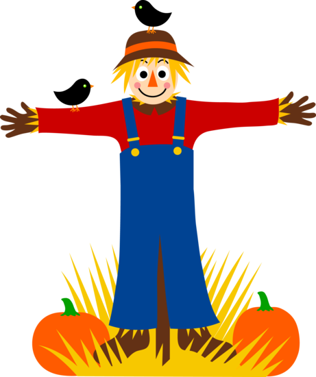 Scarecrow With Crows and Pumpkins - Free Clip Art